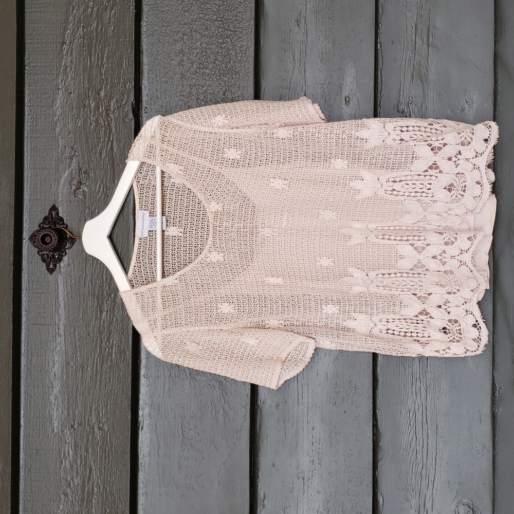 SOFT SURROUNDINGS Crochet Cotton Lace Short Sleeve Top Beige sz S Petite Women's